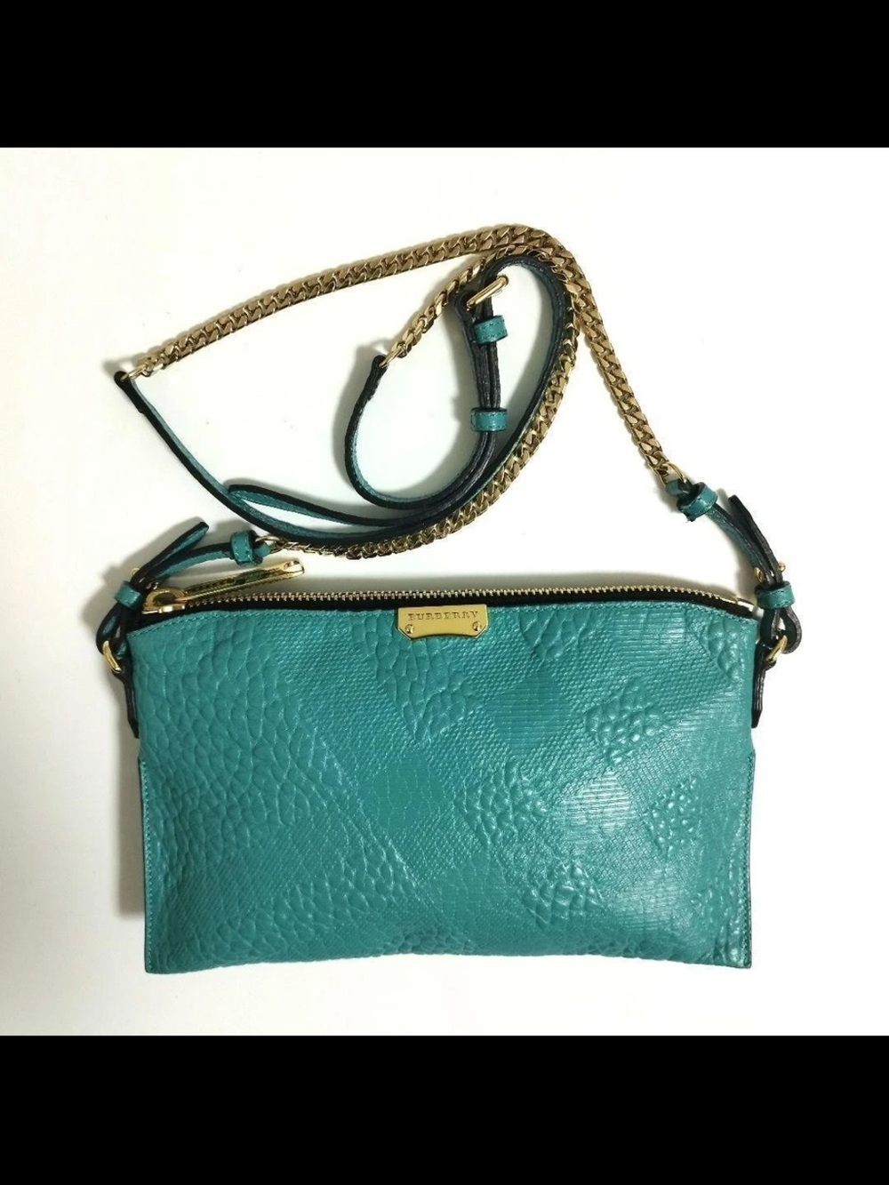 Burberry Teal Leather Crossbody Bag with Gold Chain Strap